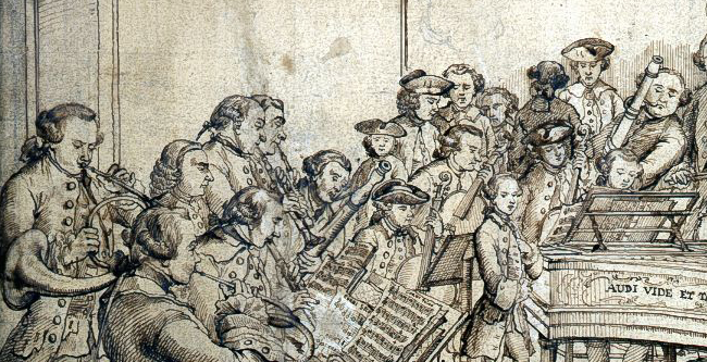 Mozart e sua orquestra - Desenho de Johann Zoffany (1733-1810) - Destaque para os dois trompistas à esquerda em primeiro plano - Flatschart Horns