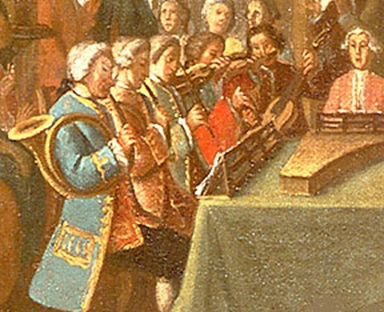 Trompistas na orquestra, pintura Veneziana (1700-1755) - Flatschart Horns