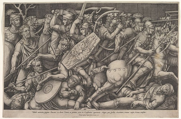 Soldados romanos com tubas e cornos / Gravura de 1533, MET/NY  - Flatschart Horns