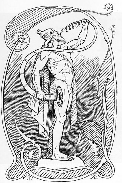 Heimdal com seu Gjallarhorn - Desenho do artista dinamarquês Lorenz Frølich (1820-1908) - Flatschart Horns