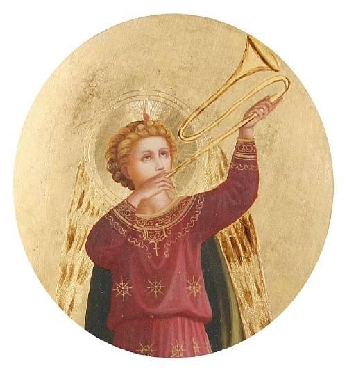 Anjo tocando trombeta em forma de "S, pintura de Fra Angelico (1395-1455) - Flatschart Horns