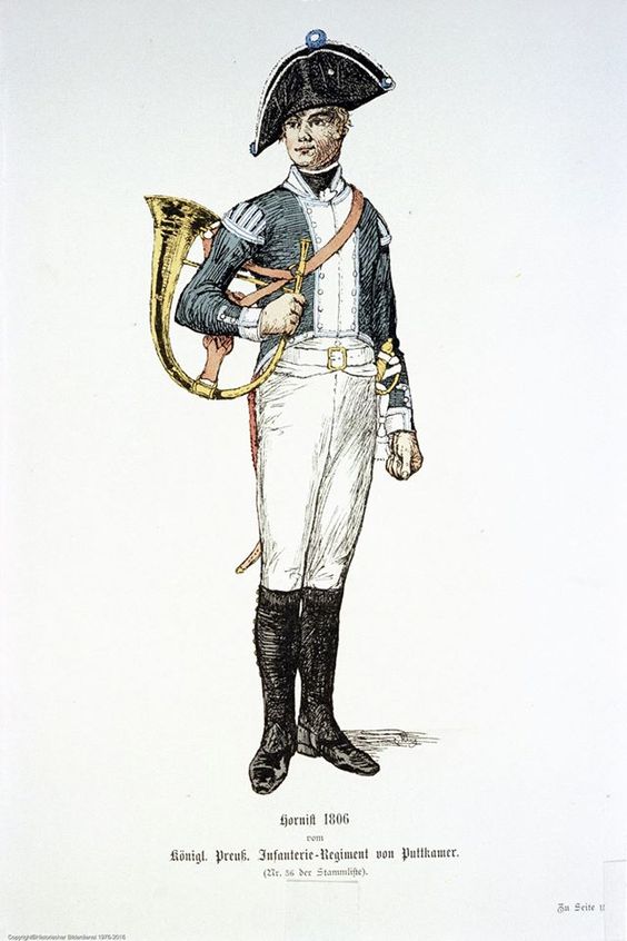 Trompista da Königl Preuss Infanterie Regiment (Regimento da Real Infantaria Prussiana) em 1806 - Flatschart Horns