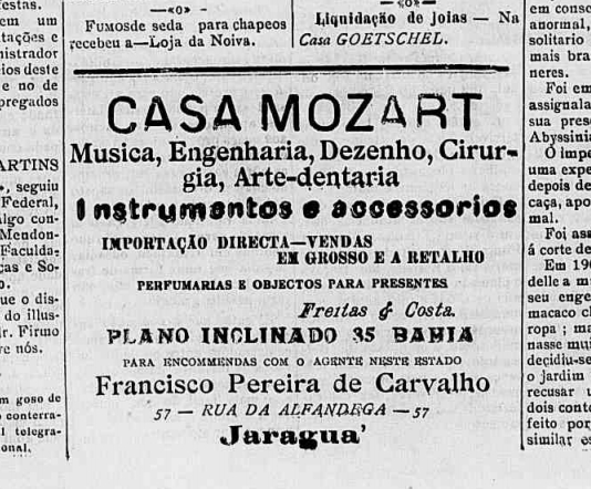 Anúncio da Casa Mozart Freitas & Costa no Jornal Gutemberg de Maceió, 17 de dezembro de 1909 - Fonte: Coleção Digital de Jornais e Revistas da Biblioteca Nacional - Flatschart Horns