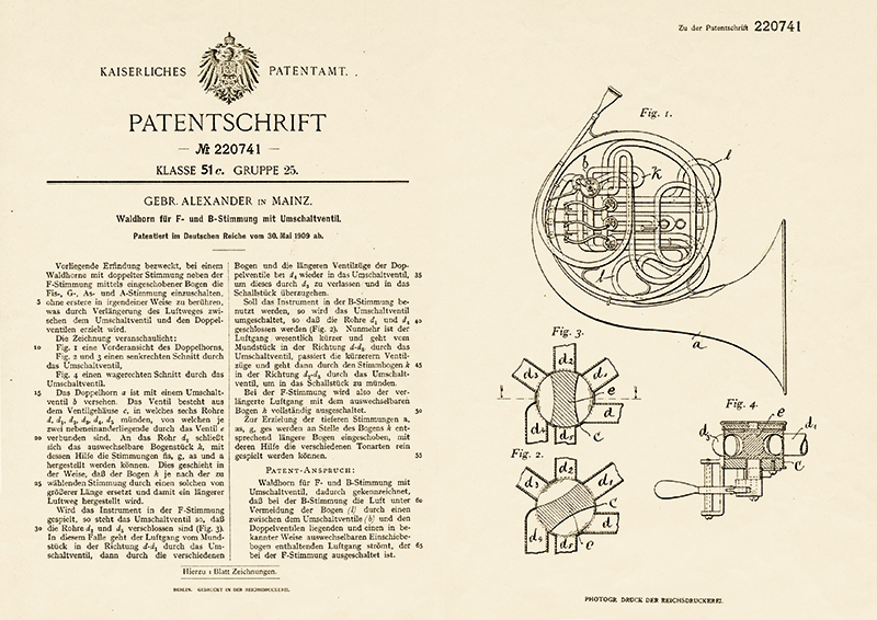 Patente da trompa dupla Alexander de 1909 - Fonte: Gebr. Alexander - Flatschart Horns